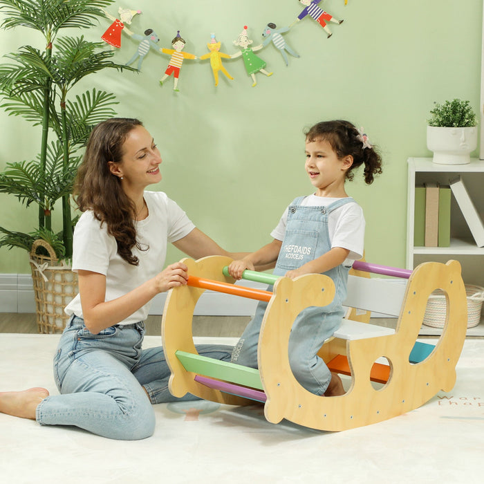 Qaba Climbing Toy For Toddlers, 2 In 1 Wooden Rainbow Climbing Arch Ladder Baby Rocker, Children Ind