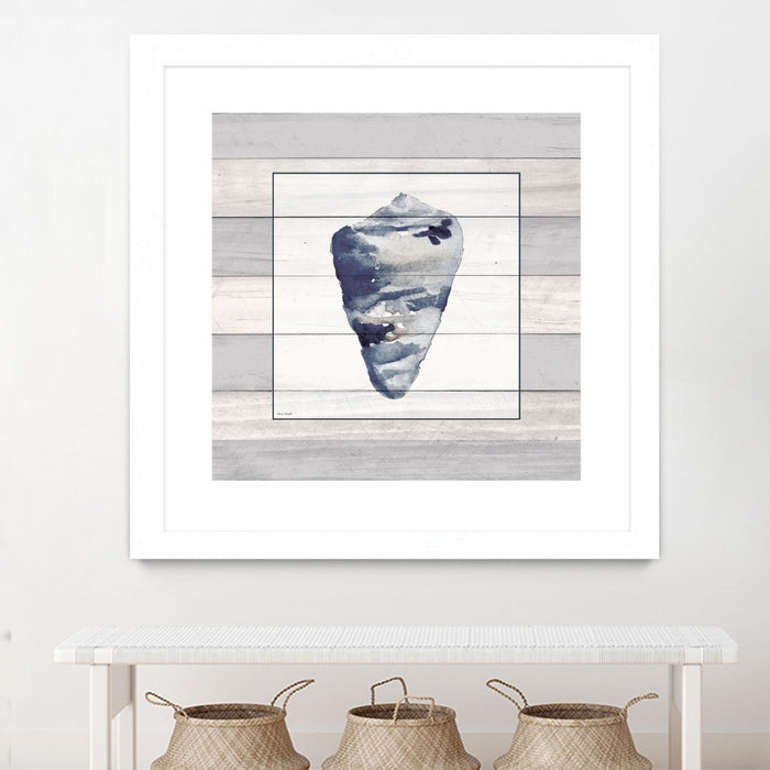 \"Muted Blue Shell On Wood\" Matted and Framed White 36x36 Wall Art