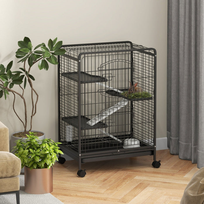 Pawhut 4-tier Small Animal Cage Pet Playpen For Rabbit Ferret Chinchilla On Wheels With Removable Tr