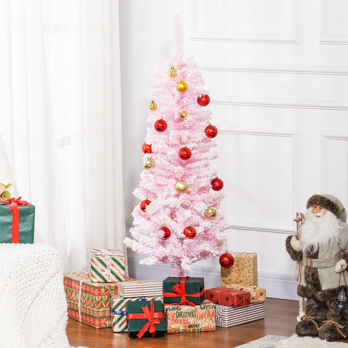Homcom Snow Flocked Pencil Artificial Christmas Tree With Steel Base Pink