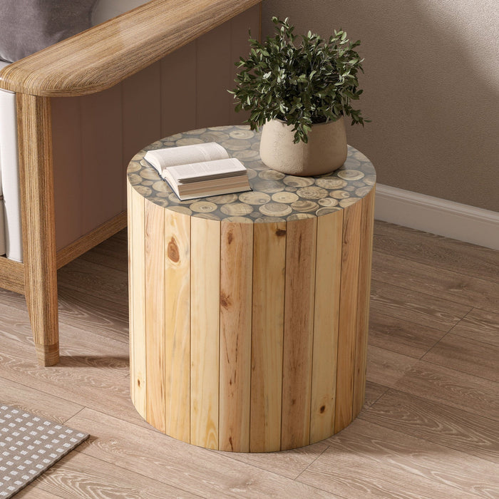 Liam Round Solid Wood End Table,Beige Brown  