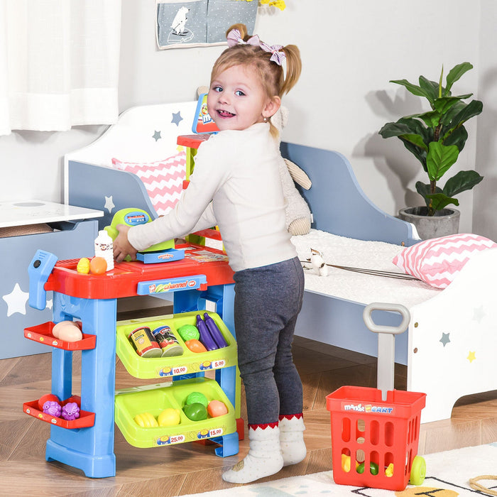 Qaba Supermarket Playset For Kids, 50 Grocery Store Toys, Pretend Play Toy With Food, Check-out Coun