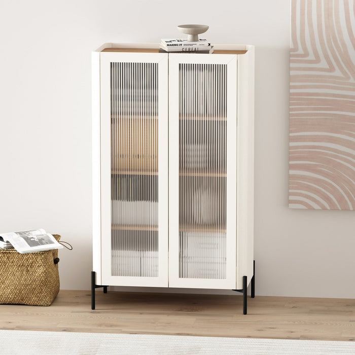 Abbey Modern 32\" Tempered Glass Bookcase Cabinet in Maple and Off White (4-Shelf) 