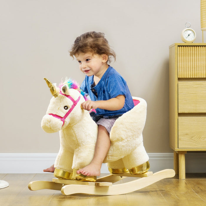 Qaba Baby Rocking Horse, Plush Animal Rocker For Toddlers Aged 18-36 Months, Stuffed Ride Toy With S