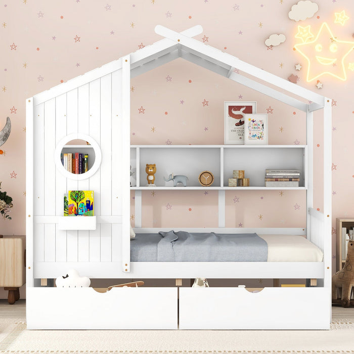 Jeames Wood House Bed with 2 Storage Drawers and Shelf, Full Size - White 