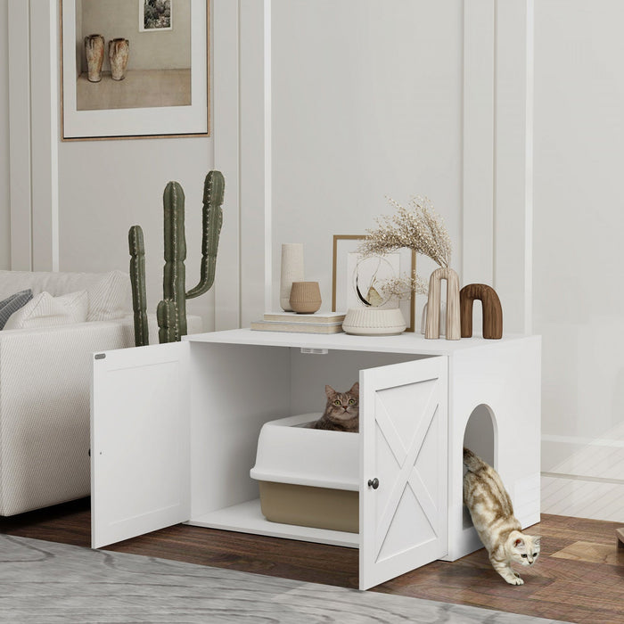 Pawhut Cat Litter Box Enclosure, Hidden Washroom Furniture With Doors, Cat Hole, Handles, Indoor Pet House Side End Table Fit Most Of Cat And Litter Box, 31.5" X 21" X 20", White