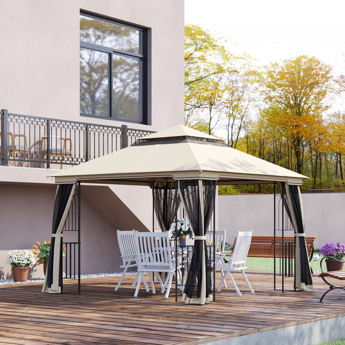 Outsunny 10' X 10' Outdoor Patio Gazebo Canopy With Double Tier Roof, Removable Mesh Curtains, Displ