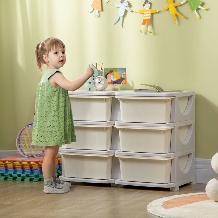Qaba Kids Toy Storage Organizer With 6 Plastic Bins, 3 Tier Drawer Chest Utility For Kids Bedroom Nursery Kindergarten Living Room For Boys Girls Toddlers, Cream White