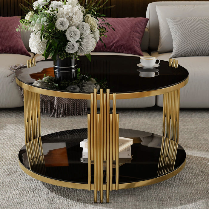 Nancy 31.5\" Round Mirror Coffee Table With Lower Shelf - Black 