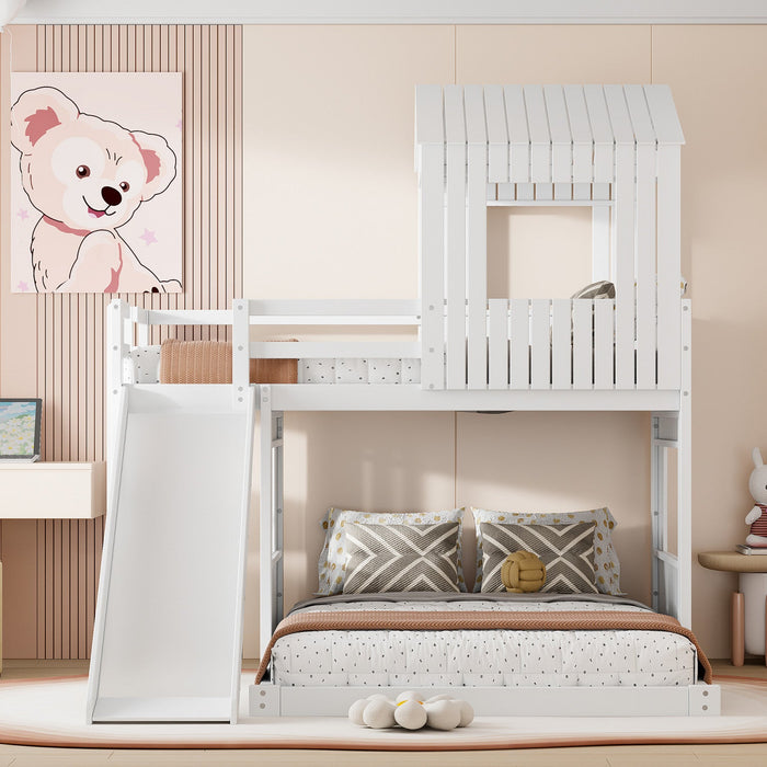 Marico Twin Over Solid Wood Full Bunk Bed With Slide, Playhouse Design - White 