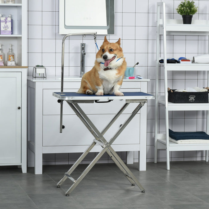 Pawhut 28\" Foldable Dog Grooming Table With Adjustable Arm, Non-slip Surface, Pet Grooming Table For