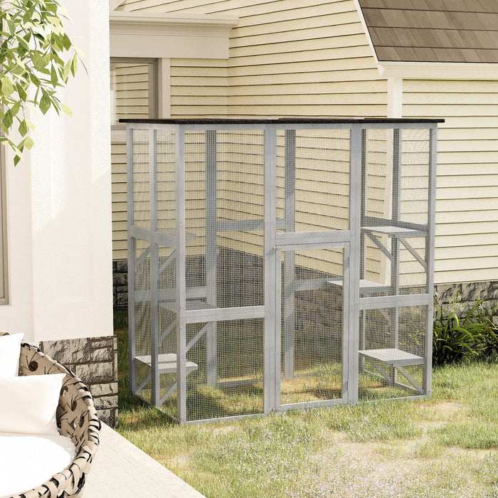 Pawhut Large Outdoor Catio Enclosure, Weatherproof Cat House With Asphalt Roof, Wooden Cat Patio Cag