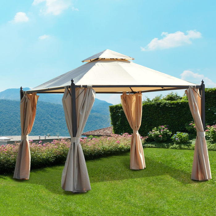 Outsunny 10x10ft Patio Gazebo Canopy Double-tire Garden Shelter Outdoor Sun Shade With Curtains, Bei
