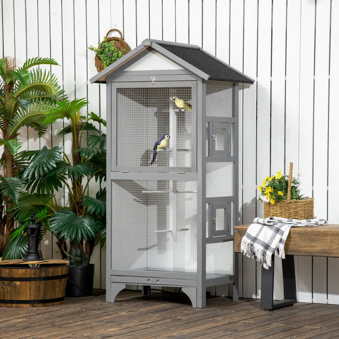 Pawhut 62.5" H Large Wooden Bird Cage Outdoor Indoor For African Grey Small Quaker Amazon Parrot Cockatiel Sun Parakeet Green Cheek Conure Dove Lovebird Budgie Play, Light Grey