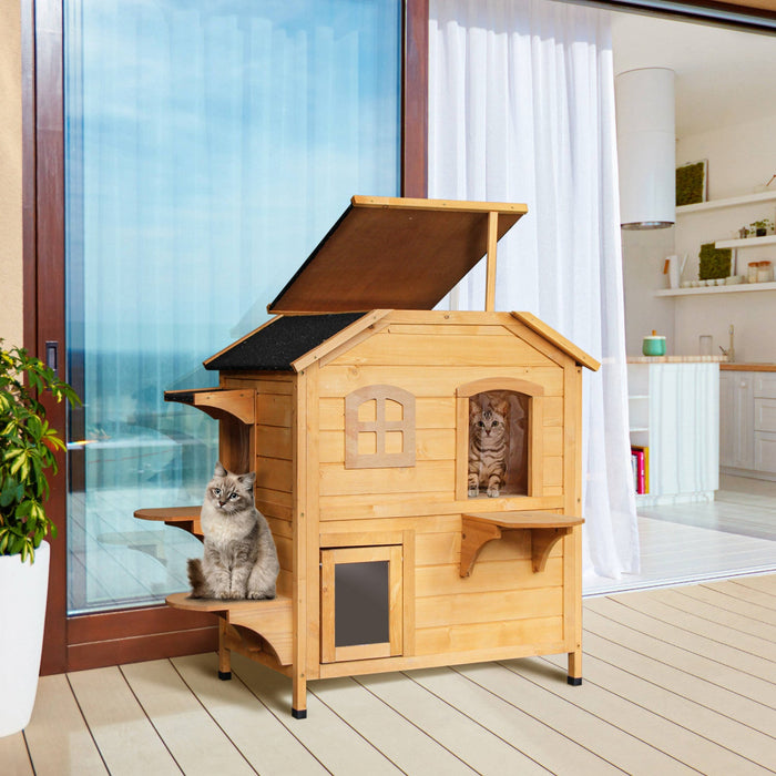 Pawhut Wood Outdoor Cat House 2-stories Catio For Cats With Indoor Lounge Space, Fun Entrances, Yell
