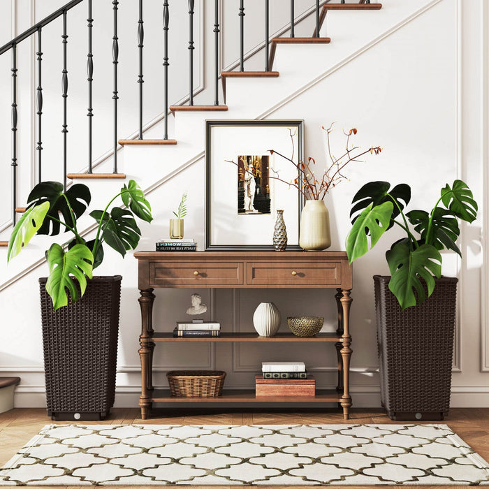 Costway 23" Tall Planters Set Of 2 Rattan Wicker Plant Pot Self-watering Tree Pot Brown