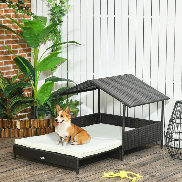 Pawhut Elevated Rattan Dog House Outdoor With Canopy, Extendable Wicker Dog Bed With Water-resistant
