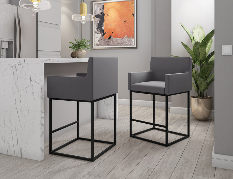 Ambassador Mid-Century Modern Metal Upholstered Counter Stool in Gray - Set of 3 Bar Stool 