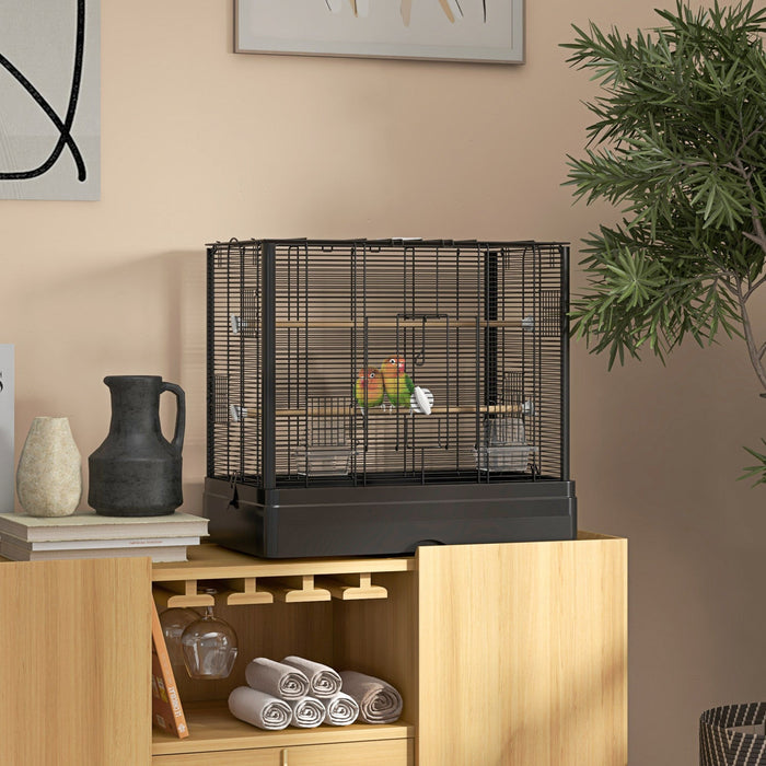 Pawhut 22" Bird Cage For Budgie, Finches, Canaries, Love Birds, Large Parrot Cage With Wooden Stands, Slide-out Tray, Handle, Food Containers, Black