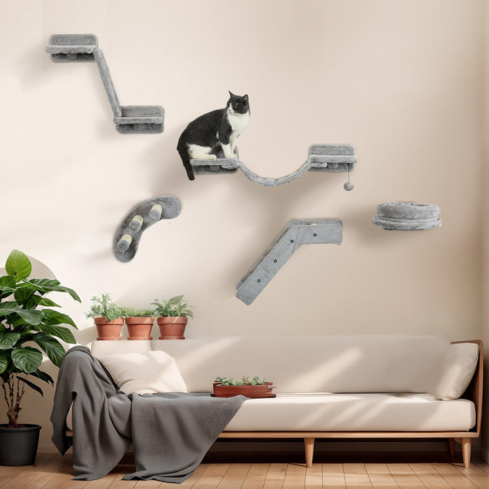Pawhut 5pcs Cat Wall Shelf With Scratching Post, Cat Wall Shelves For Relaxing, Climbing, Cat Wall With Soft Ladder, Cat Bed, Play Ball, Grey