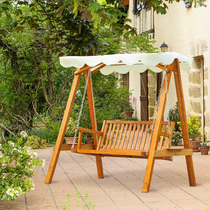 Outsunny 65\" Patio Swing Chair With Canopy Outdoor Wooden Swing Bench Hammock For Garden, Poolside, 