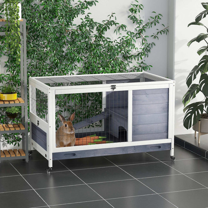 Pawhut Wooden Indoor Rabbit Hutch Elevated Bunny Cage Habitat With Enclosed Run With Wheels, Ideal F