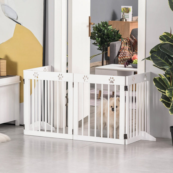Pawhut Freestanding Pet Gate 4 Panel Wooden Dog Barrier Folding Safety Fence With Support Feet Up To
