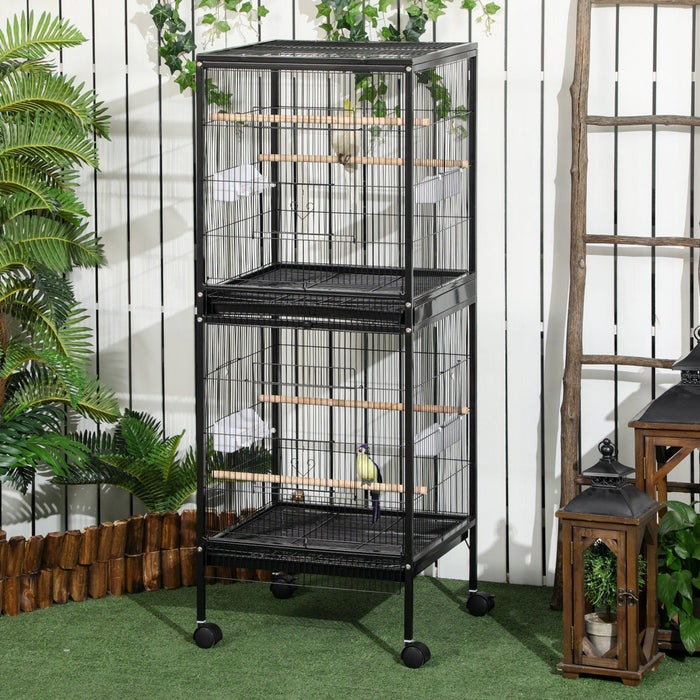 Pawhut 55.1\" 2 In 1 Bird Cage Aviary Parakeet House For Finches, Budgies With Wheels, Slide-out Tray
