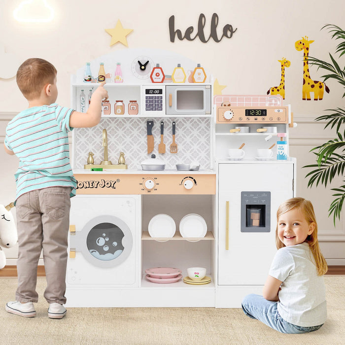 Honeyjoy Kids Kitchen Set Wooden Kitchen Playset With Clock, Microwave, Sink, Dish Rack White