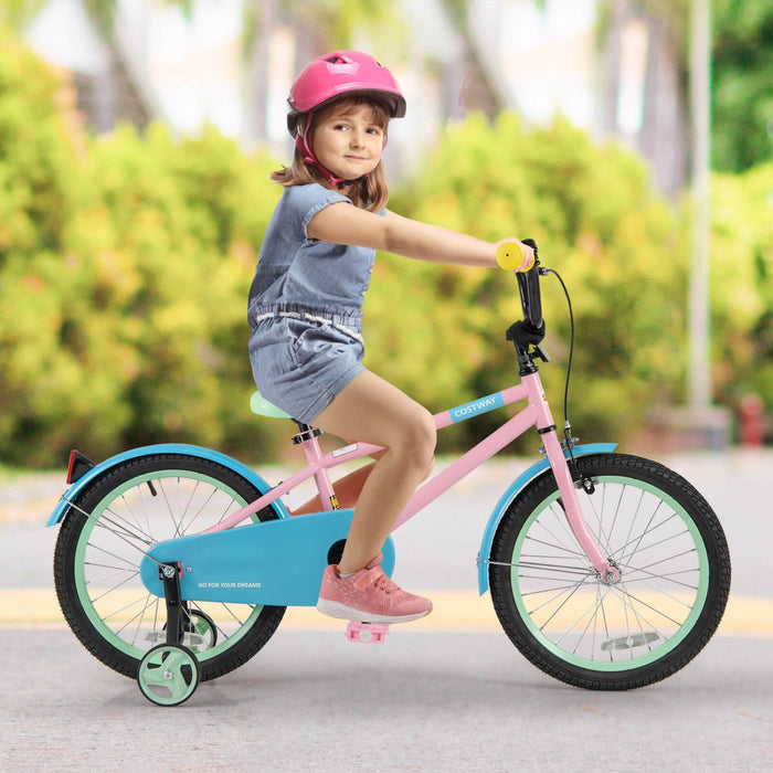 Costway 18" Kids Bike With Adjustable Saddle Handlebar Removable Training Wheels Handbrake Pink