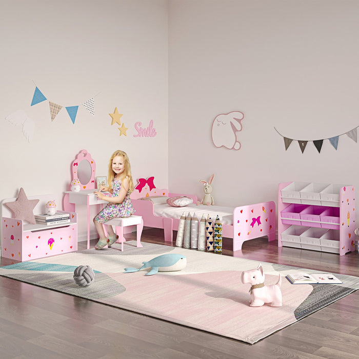 Qaba Kids Vanity Table & Chair Set, Girls Dressing Set, Make-up Desk With Drawer, Love Heart & Bow P