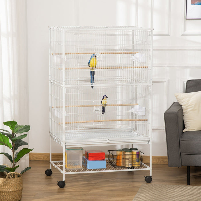 Pawhut 52\" Large Rolling Steel Bird Cage Bird House With Rolling Stand, Storage Shelf, Wood Perch, F