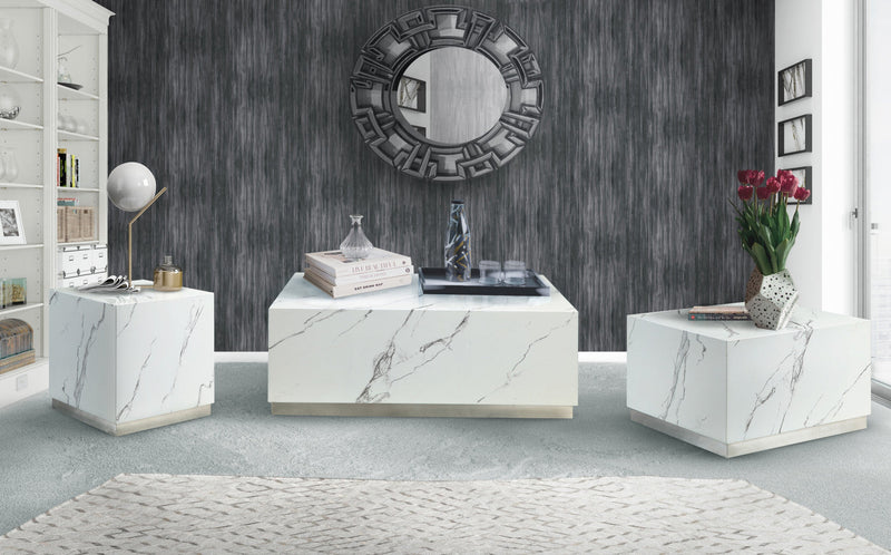 Aphrodite End Table, White Faux Marble & Silver 