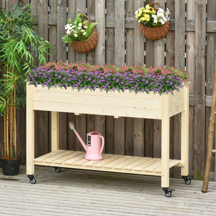 Outsunny Raised Garden Bed Mobile Elevated Wood Planter Box W/ Lockable Wheels, Storage Shelf For He