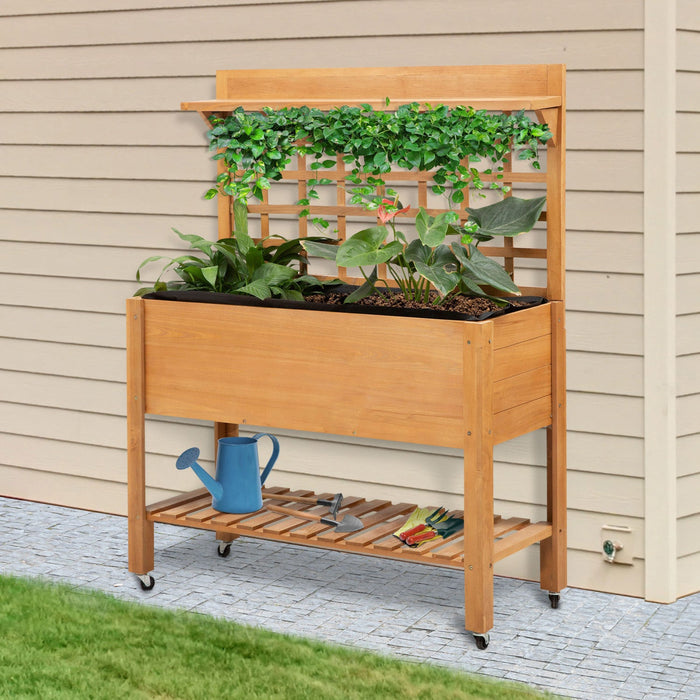 Outsunny Wooden Raised Garden Bed With Wheels And Brakes, Elevated Planter Box With Trellis And Shel