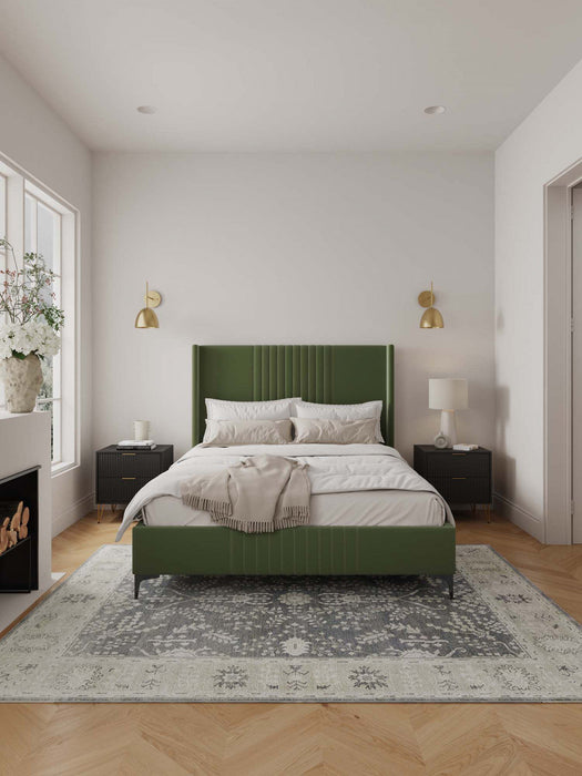Promenade Mid-Century Modern Upholstered Velvet Queen Bed in Moss Green 