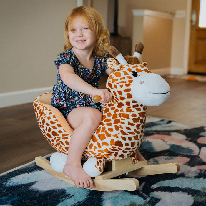 Qaba Wooden Plush Children Kids Rocking Horse Chair For Toddlers With Sound And Safety Belt, Giraffe