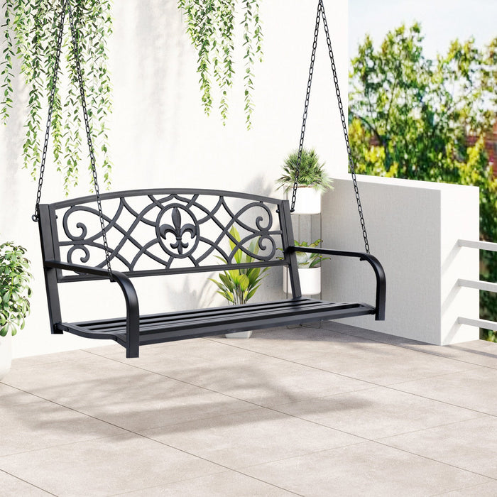 Outsunny 50\"l Steel Porch Swing Fleur-de-lis Patio Swing Chair Hanging Bench Outdoor 2-person Glider
