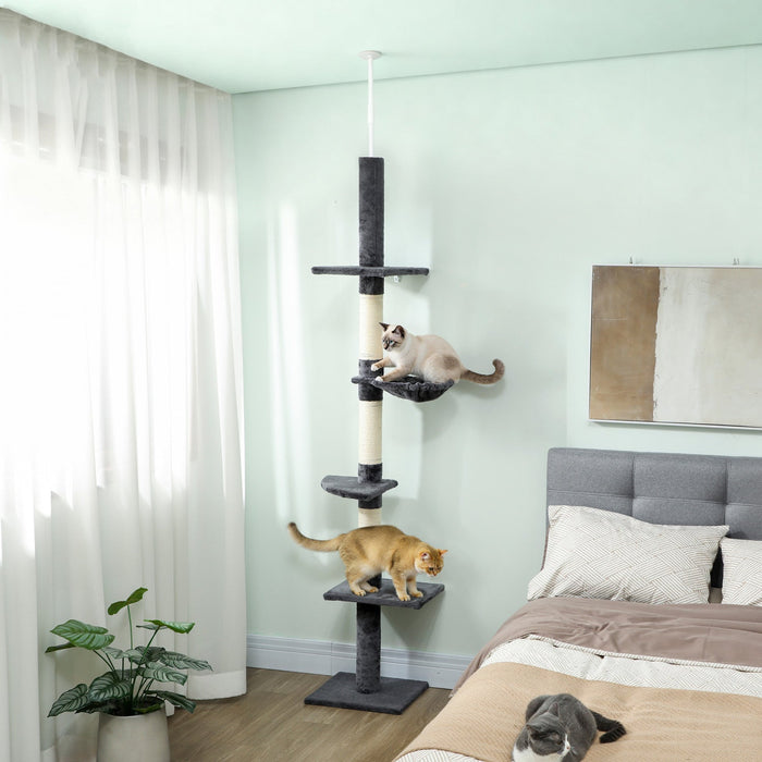 PawHut 102" Cat Tree 5-Tier Floor-to-Ceiling Cat Tower Kitty Activity Center with Scratching Post Play Rest Post Pet Furniture Dark Grey