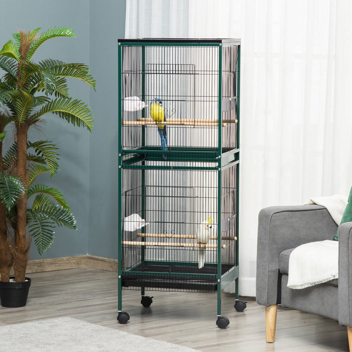 Pawhut 55.1\" 2 In 1 Bird Cage Aviary Parakeet House For Finches, Budgies With Wheels, Slide-out Tray