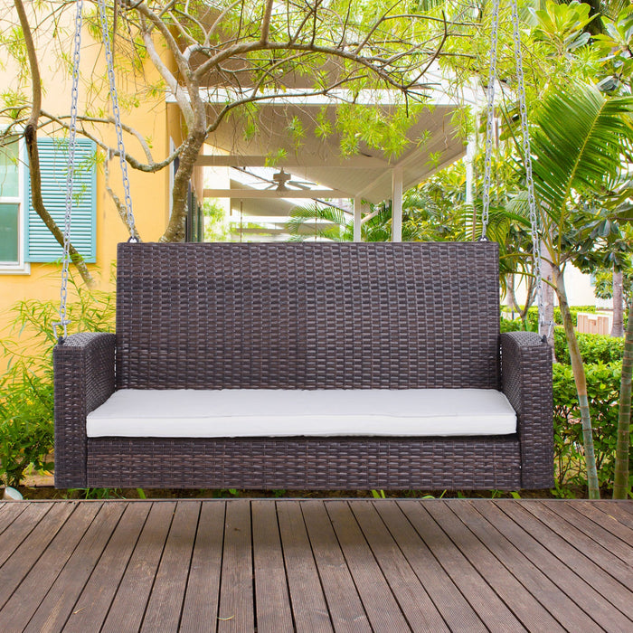 Outsunny 2-person Patio Porch Swing Chair, Outdoor Rattan Hanging Bench With Cushion & 7.2 Ft Steel 