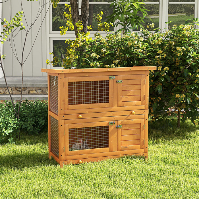 Pawhut Wooden Rabbit Hutch, 2-tier Outdoor Bunny House With Pull-out Trays, Rooms, Doors, For Backya