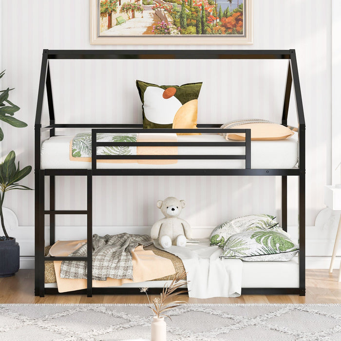 Liam House Bunk Bed with Built-in Ladder and Metal Frame,Twin Over Twin Size,Black  