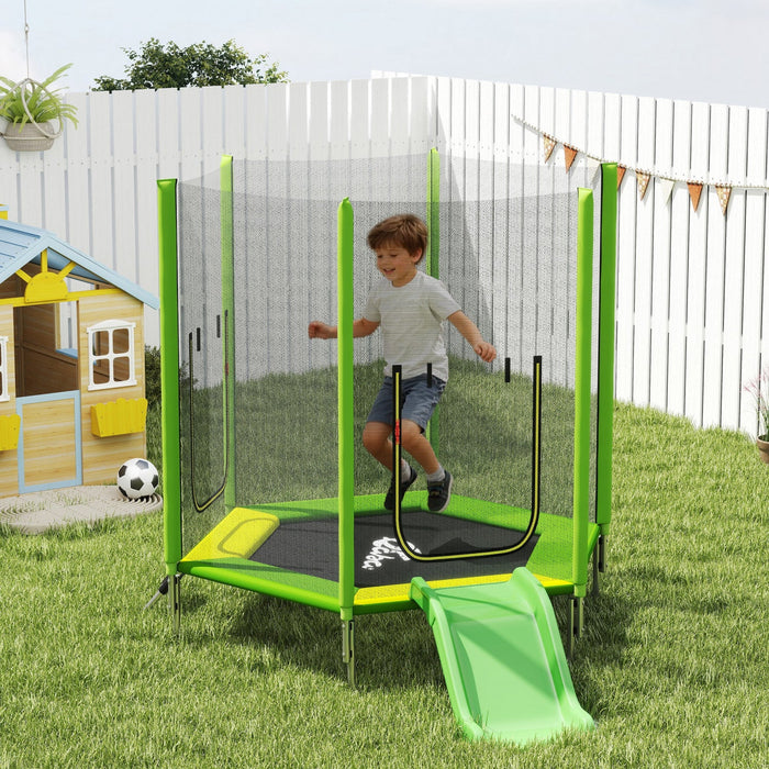 Qaba 85" Trampoline for Kids, Indoor & Outdoor Toddler Trampoline with Slide, Ladder and Safety Enclosure, for Jumping, Sliding, and Playing, for Boys & Girls Ages 3+, Green