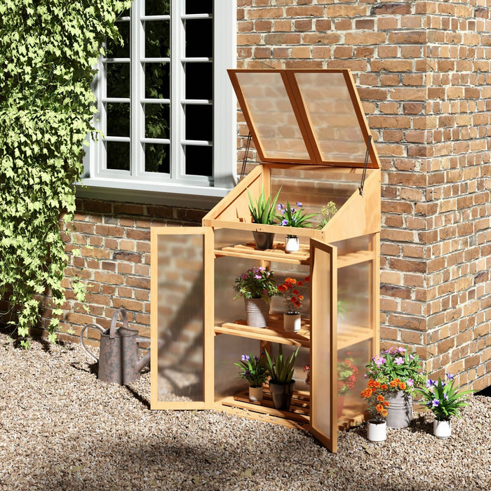 Outsunny Wooden Cold Frame Greenhouse, Raised Planter Bed Protection With Openable Top And 3 Shelves