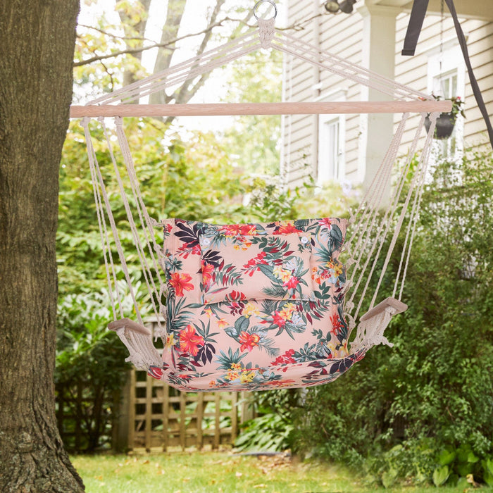 Outsunny Patio Hammock Chair, Portable Hanging Cotton Rope Hammock Swing Chair Sleeping Bed Seat Wit