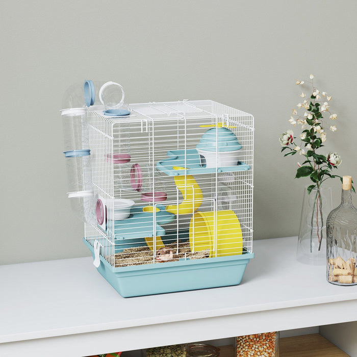 PawHut Hamster Cage, 3-Level Small Animal House with Excerise Wheel, Food Bowl, Water Bottle, House, Tunnels, Ramps, Gerbil Cage for Dwarf Hamster, 14" x 11" x 16", Blue