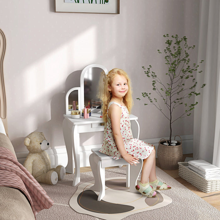 Qaba Kids Dressing Table And Chair Set, Girls Dressing Set, Makeup Desk With Drawer For 3-6 Years Ol