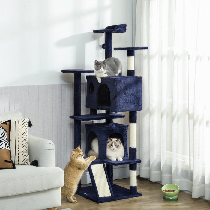 PawHut 63" Cat Tree, Cat Tower for Indoor Cats with Scratching Posts, Cat Condos, Bed, Platforms, Ramp, Toy Ball, Cat Activity Center, Dark Blue