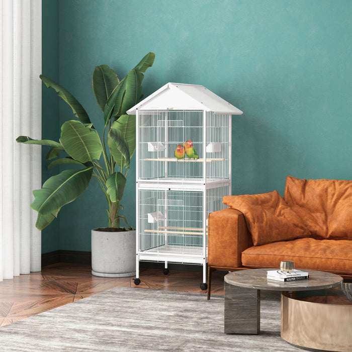 Pawhut Wrought Metal Bird Cage Feeder With Rolling Stand Perches Food Containers Doors Wheels 67\" H,